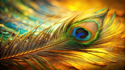 Fototapeta premium A Single Vibrant Peacock Feather Resting on a Golden Surface, Illuminated by Warm Light, Showcasing its Intricate Detail and Iridescent Hues