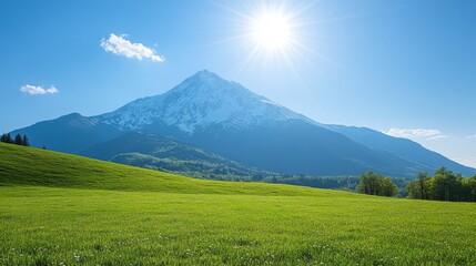 Idyllic mountain vista with vibrant green meadows under a radiant sun perfect for travel and nature photography promotions