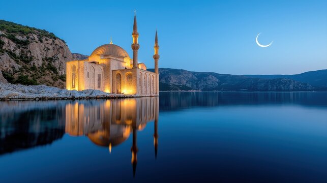 A serene mosque by a lake under a crescent moon, illuminated at twilight. Ramadan concept.