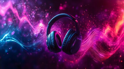 Harmony in Acoustics: A pair of sleek, modern headphones floats amid a symphony of vibrant, neon-hued sound waves, symbolizing the immersive power of audio and the thrill of auditory pleasure.