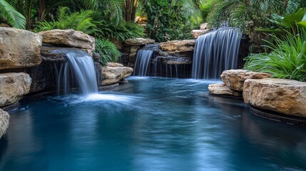 Naklejka premium A high-end pool with waterfalls, offering a backyard paradise in the Texas Hill Country