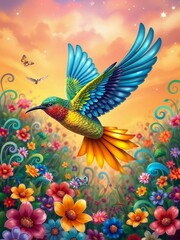 Fototapeta premium A dazzling scene where a brilliantly hued bird and butterfly dance over a garden bursting with colorful blooms.