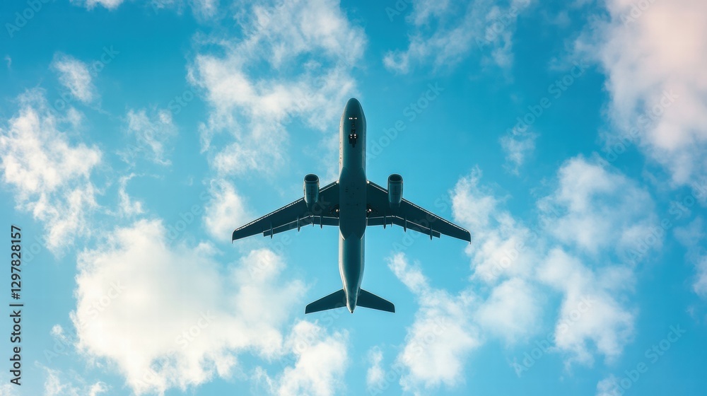 Poster airplane flying high above a cloudy sky during daylight hours with bright blue backgrounds. generati
