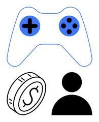 Gamepad, coin with dollar sign, and user profile icon symbolize gaming, monetization, community, and engagement. Ideal for gaming, finance, users economy rewards tech abstract line flat metaphor