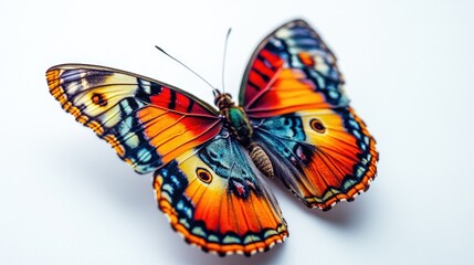 Obraz premium A macro shot of a colorful butterfly perched on a white background, with its vibrant wings spread open, displaying intricate patterns and textures.
