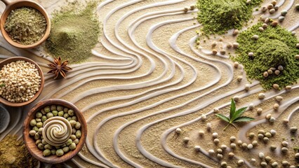 Obraz premium Serene arrangement of herbal powders and seeds in a calming landscape design