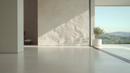 Fototapeta premium Minimalist interior room features a textured plaster wall illuminated by bright sunlight next to a potted olive tree overlooking distant hills.