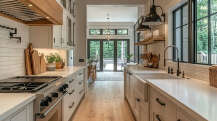 A Scandinavian-style kitchen with clean lines, white cabinetry, and natural wood accents, featuring simple, functional design elements and ample light.