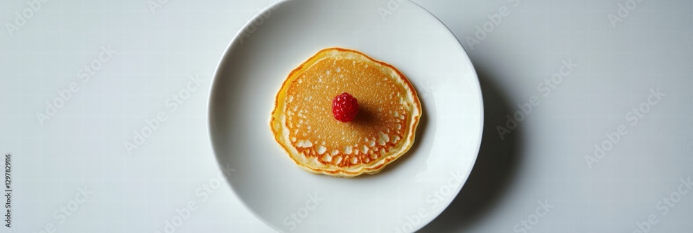 Poster Delicate pancake topped with a single raspberry on a white plate in a minimalistic setting. Generative AI