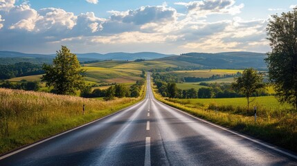 A scenic view of a rural road with light traffic and picturesque surroundings, highlighting the contrast between city congestion and peaceful countryside driving.
