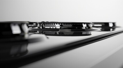 A sleek, modern stove with shiny burners and a smooth surface, captured in high definition against a clean white background, highlighting its design and details.