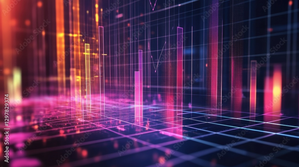 Poster a side view of a d bar chart with translucent bars and a grid background, illustrating detailed data