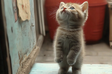 Obraz premium Tiny cute kitten standing up and looking curiously with bright eyes in a playful and adorable pose, perfect for pet lovers and animal enthusiasts