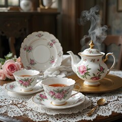 Fototapeta premium Vintage tea party, Floral china plates, lace doilies, and a gold cake board beside a steaming rose-infused teapot. 