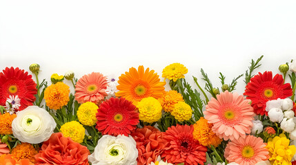 Colorful Flower Arrangement on White Background with Red Orange Yellow and White Blooms