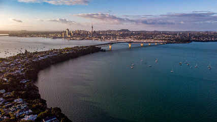 sunset over the Auckland harbour, aerial photo 