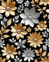 An intricate design featuring elegant metallic blooms and foliage in gold and silver hues.