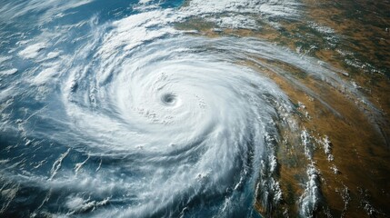 A view of a hurricane approaching the coast, with swirling cloud formations and heavy rain bands visible from a satellite perspective, emphasizing the storm's scale.