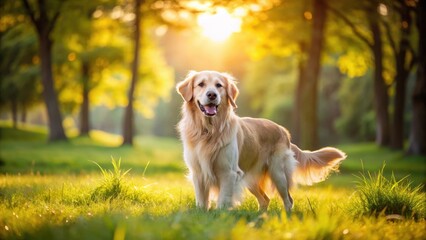 Golden Retriever Dog in a Sunny Forest Meadow at Sunset