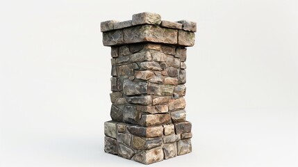 A small, detailed stone tower with weathered stones and a rustic finish, placed on a white background, showcasing its texture and architectural details in high definition.