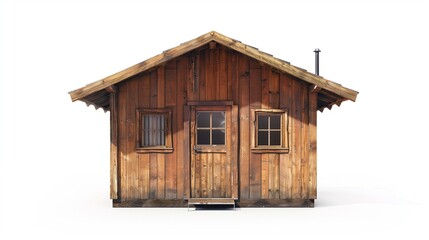 A small, rustic cabin with a wooden exterior and simple design, placed on a white background, highlighting its charm and details in high definition.