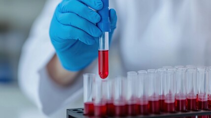 Laboratory Technician Using Pipette to Transfer Red Liquid in Test Tubes for Medical Research and Analysis