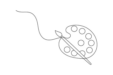 Paint palette art brush continuous one line drawing and minimalist style isolate outline vector icon