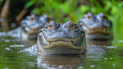 Obraz premium Three alligators swim closely together in a lush wetland during the day