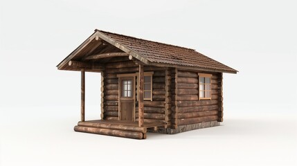 A small, rustic cabin with a wooden exterior and simple design, placed on a white background, highlighting its charm and details in high definition.