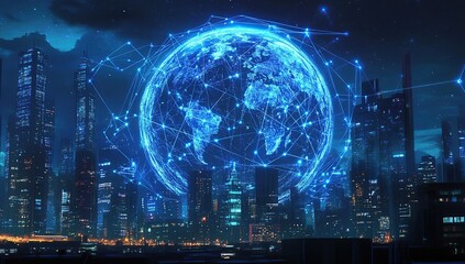 Fototapeta premium Futuristic Cityscape with Glowing Digital Globe at Night