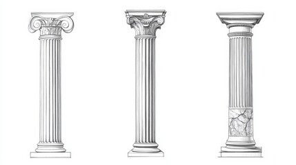 Obraz premium Elegant Greek pillars in various styles: Doric, Ionic, and Corinthian.