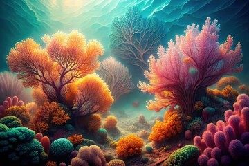Obraz premium Vibrant Underwater Coral Reef Ecosystem Depiction Featuring a Variety of Colorful Coral Structures and Lush Marine Flora in a Serene Submerged Landscape