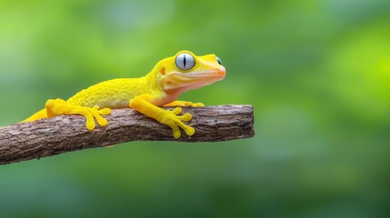 Naklejka premium Bright yellow lizard resting on a branch in a lush green environment during daylight