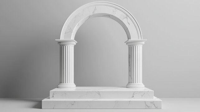 Elegant marble podium with white arch for product presentation. A realistic 3D vector of a sleek Roman or Greek round pillar adorned with a graceful arch, exuding elegance and sophistication.