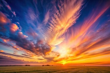 Fototapeta premium A Vibrant Sunset over a Serene Field of Golden Grain, Painted Across the Canvas of the Evening Sky with Hues of Orange, Pink, and Purple
