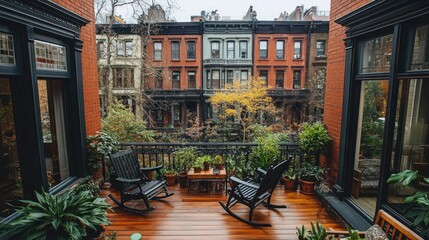 NYC brownstone rooftop deck, autumn view