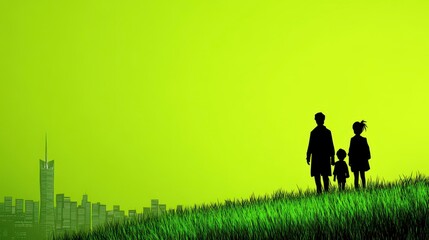 Silhouette of Family on Green Hill Against City Sunset