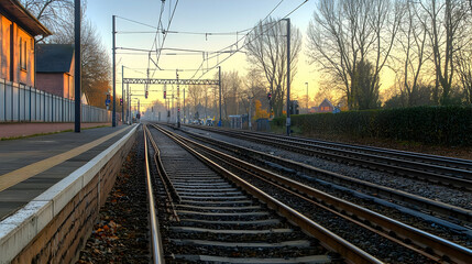Obraz premium Railway Tracks Leading To A Distant Horizon Under A Golden Sky At Sunrise With Building And Trees