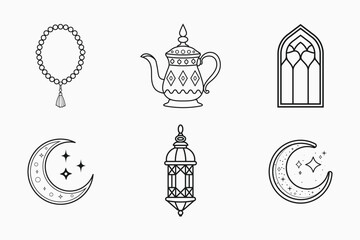 Islamic festival and traditional outline elements set in isolated flat line art vector illustration for ramadan and eid
