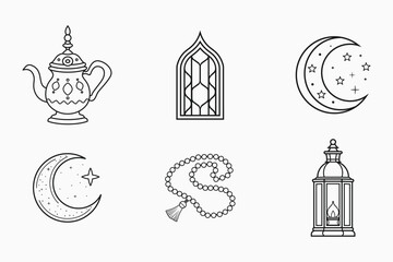 Islamic festival and traditional outline elements set in isolated flat line art vector illustration for ramadan and eid
