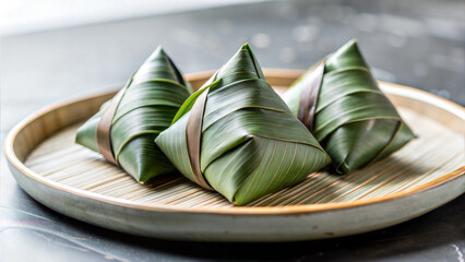 Zongzi, Chinese rice dumplings wrapped in bamboo leaves, traditional Dragon Boat Festival food, cultural cuisine photography for blogs, menus, and holiday articles