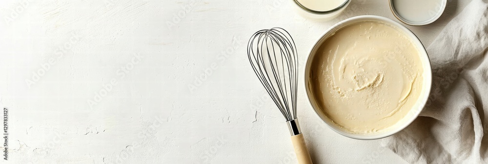 Poster whisk and bowl with creamy mixture set on light kitchen countertop. generative ai