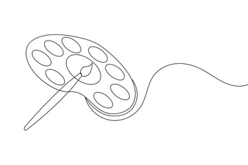 Paint palette art brush continuous one line drawing and minimalist style isolate outline vector icon