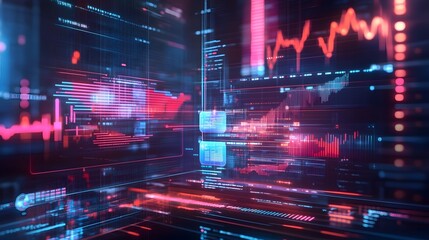 Futuristic Data Visualization: A digital landscape composed of glowing lines, intricate grids, and dynamic charts, represents complex data streams and the cutting-edge advancements in technology. 