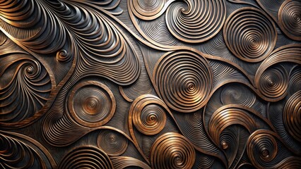 Intricate Bronze Carving with Swirling Circular and Wave-like Patterns, a Decorative Textured Background