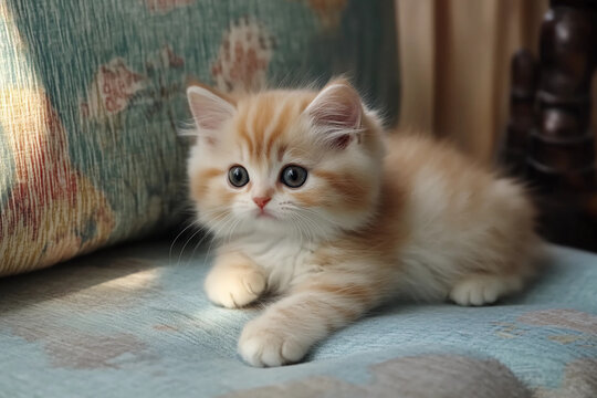 Adorable tiny kitten resting on a soft sofa, capturing its cuteness and playful charm in a cozy home setting