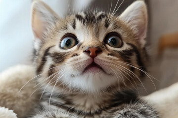 A tiny cute kitten with wide open eyes, showing amazement and wonder, capturing the innocence and curiosity of a playful furry friend