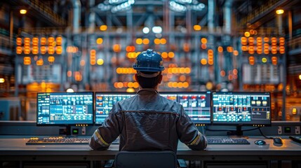 Engineer monitoring industrial control system, multiple screens displaying data, factory background.