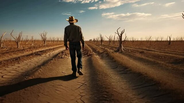 A cowboy walks down a dry, cracked desert road, captured from a low-angle. The video evokes solitude and resilience in a barren landscape.