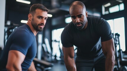 A personal trainer guiding a client through an intense workout session at a gym